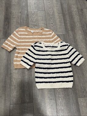 aerie Striped Short-Sleeve Knit Sweater Top - Navy/White & Tan/Cream